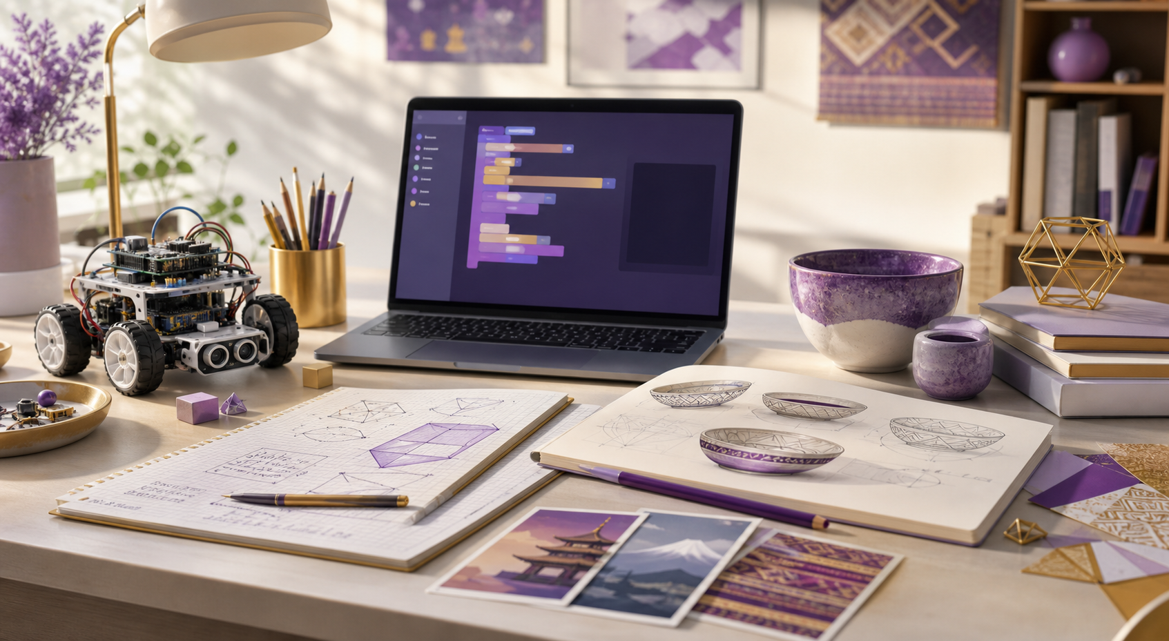 A creative learning studio desk with robotics, coding, mathematics, ceramic sketches, and cultural materials