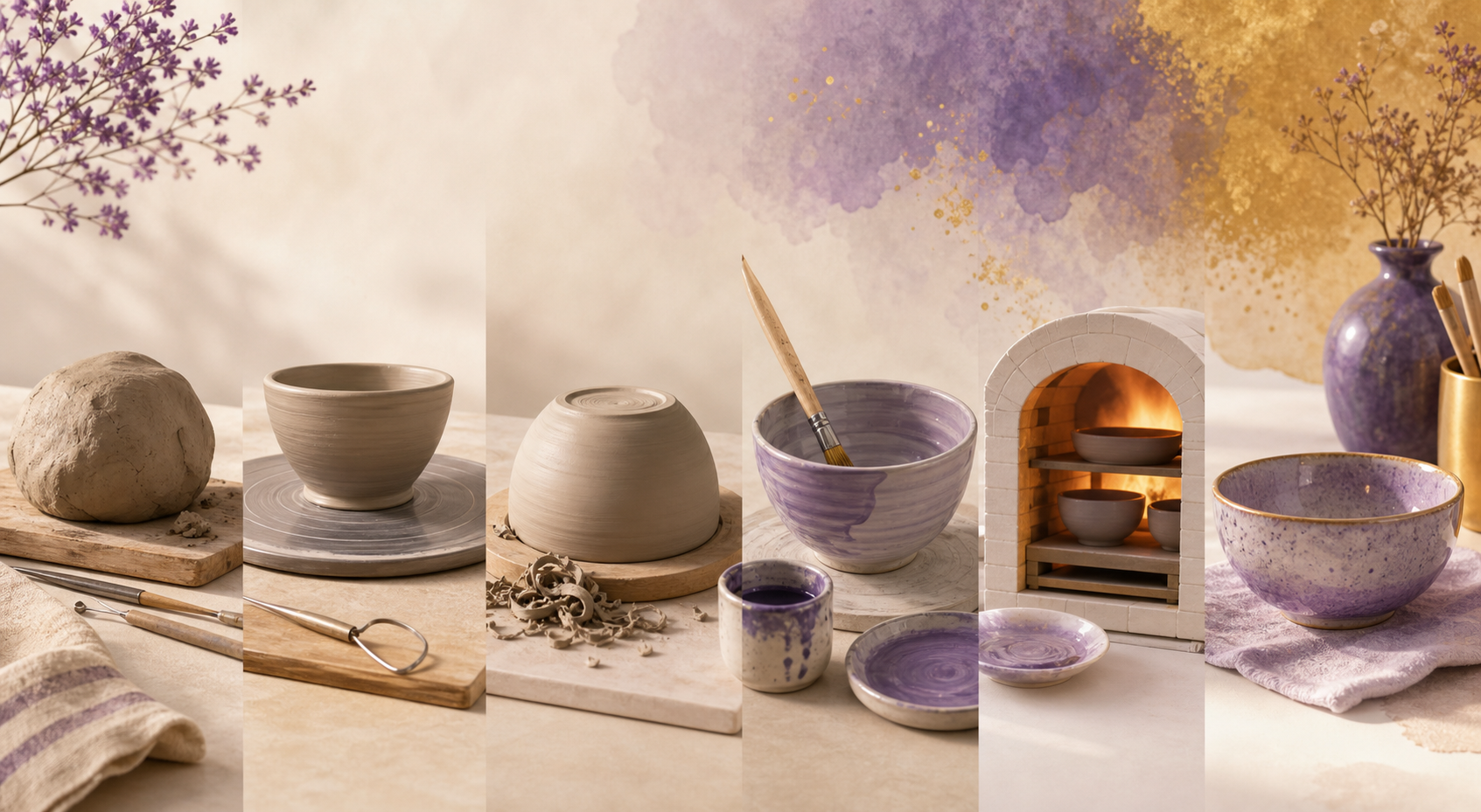 A visual process of making a ceramic bowl from clay to shaping, glazing, firing, and finishing