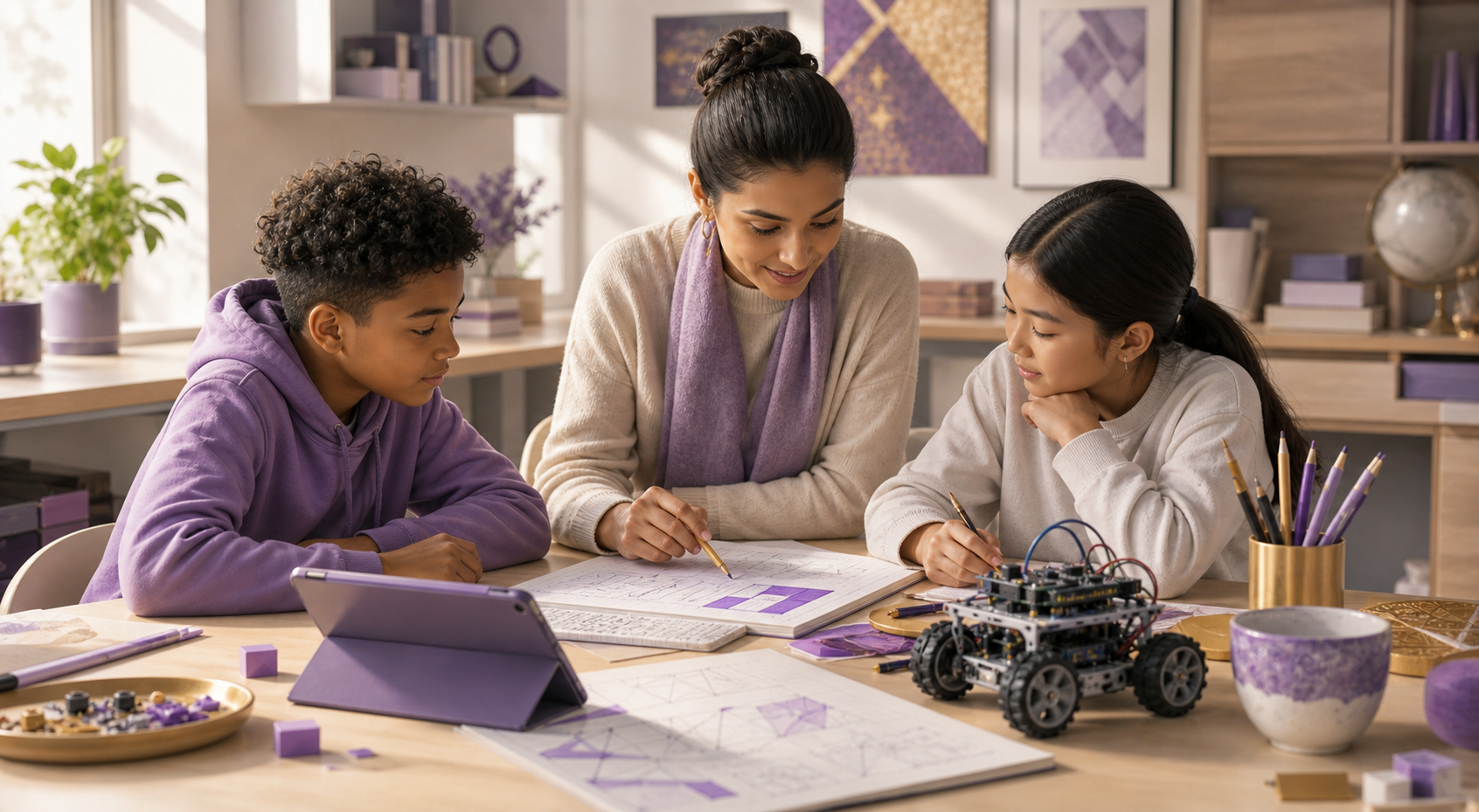 A teacher guiding students through mathematics and creative technology work